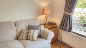Lounge with 2 comfy sofas, fireplace and large Smart TV