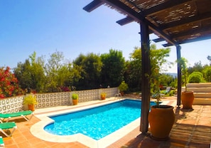 Swimming Pool ample space for sun loungers with garden at the end and shade 