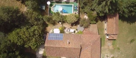 aerial view of gite (on left) and pool

