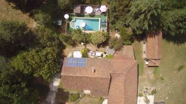 aerial view of gite (on left) and pool

