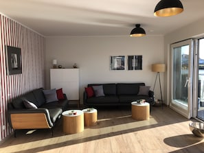 Wohnzimmer, Pfahlhaus Perle am Yachthafen