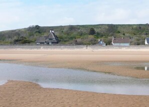 Thatched roof house seen from the beach.