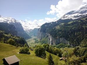 View of Lauterbrunnen Valley from Wengen - apartment is near foot of Waterfall