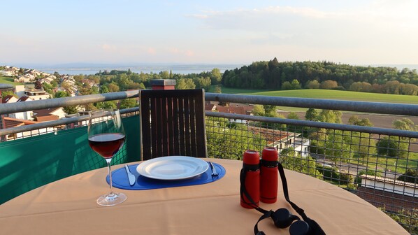 Blick vom Balkon auf die Alpen und den Bodensee