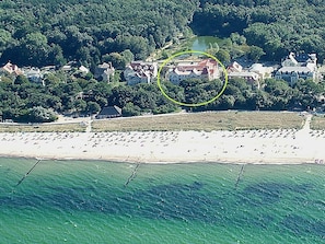Aerial from Dunescastle (circle): right on the bea