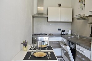 The modern kitchen with oven, kitchen extractor hood, 3 gas burners, one electric, dishwasher