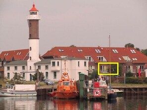 Blick von Hafen auf FeWo SeuteDeern