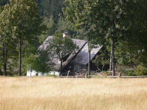 Das Haus schmiegt sich an den Berg