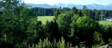 Ausblick vom Haupthaus zur Hochplatte, Ammergauer Berge, unten das Gartenhaus