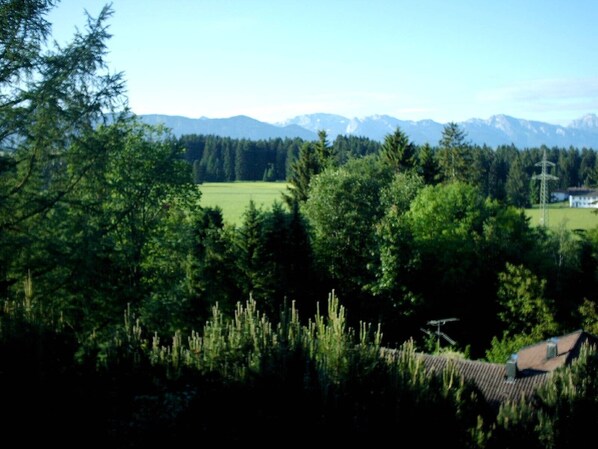 Ausblick vom Haupthaus zur Hochplatte, Ammergauer Berge, unten das Gartenhaus