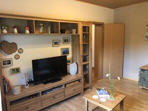 Wohnzimmer mit Fernseher, DVD Player und WLAN
