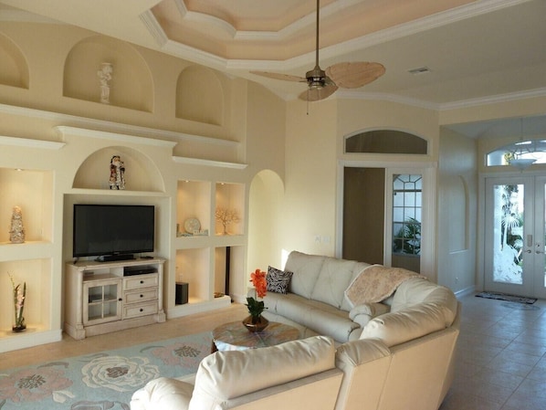 Spacious living room with entertainment