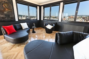 living room with nice view over the city to Buda hills and Szabadsag square