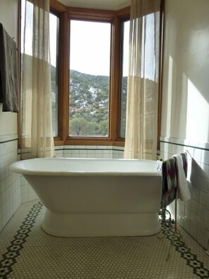 Master bathtub with breathtaking views, walk in shower, pedestal sink, cabinets