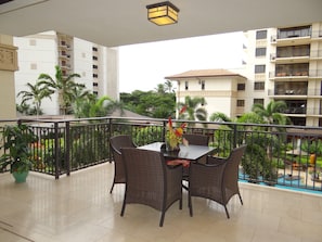 Spacious lanai overlooking one of the two pools