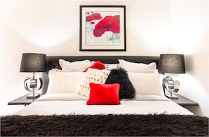 King sized bed with a very comfy mattress.  En-suite bathroom.