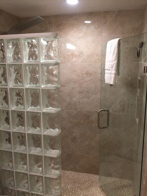 hall bathroom showing shower with pebble floor