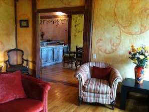 View from living room into open dining room and kitchen 