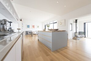 Handmade bespoke kitchen, solid oak floor.