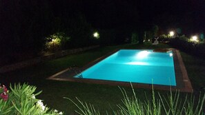 visione notturna del giardino e della piscina illuminata