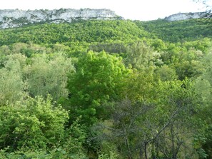 Views from the garden across the River Aveyron of the Roc d'Anglars