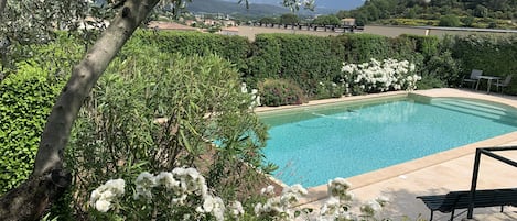 vue sur la piscine et le Mont Ventoux