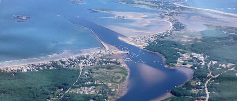 Aerial view of 539 Pool Street, the Saco River and the ocean beyond
