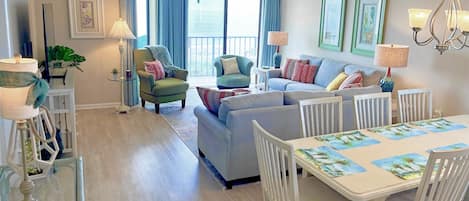 Living Room with oceanfront balcony, corner unit.