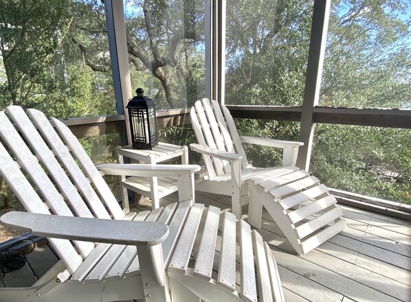 Screened in porch overlooking creek views