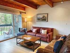 Living room with a pull-out American Leather queen sized sofa Comfort Sleeper.
