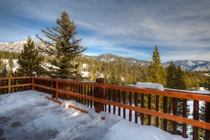 The deck is off the dining/living room area