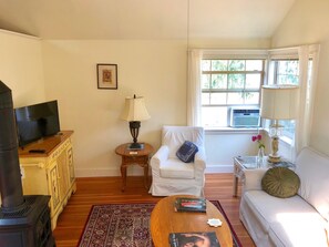 Living room: gas fireplace, smart TV, comfy seating & air conditioner in summer.