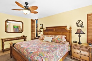 King bed with blackout curtains.  