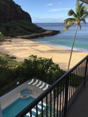 View from lanai down to pool and spa area