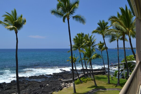 View looking north from your oceanfront lanai towards Kailua-Kona Bay
