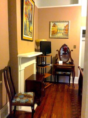 32" TV with DirecTV in the bedroom ~ dressing table area with stool and chair.
