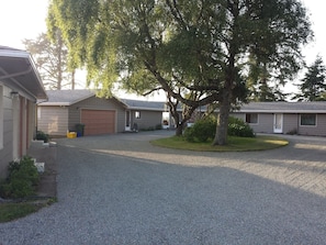 Bay Cove Cottages A and B on left, circle drive and Bay Cove house.