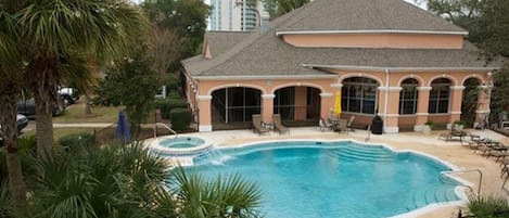 club house with salt water pool and hot tub