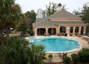 club house with salt water pool and hot tub