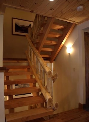 Mountain-style log railing staircases