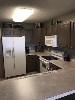 Newly painted kitchen cabinets.