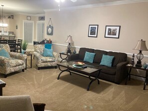 Living room with queen size sleeper sofa.