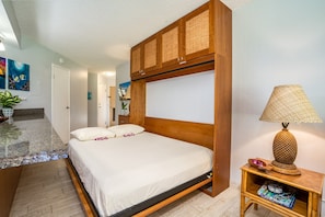 Queen murphy bed can sleep 2 guests. Folds up during the daytime.