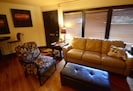 Living area with pull-out, queen-size leather sofa, chair, & bistro table