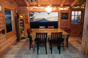 Lodge dining has two large tables to seat up to 21