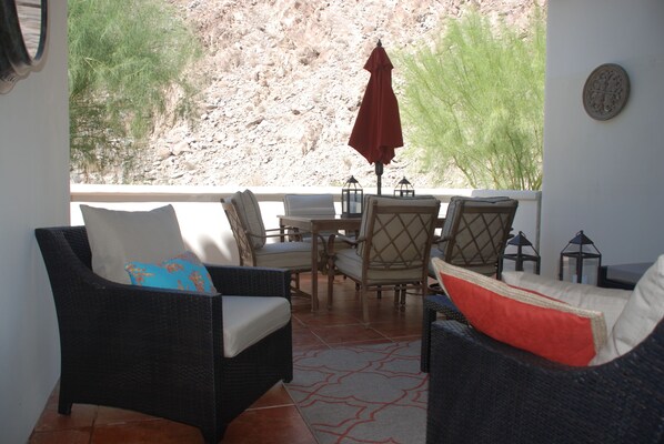 Private Main Floor Patio with breathtaking mountain views.