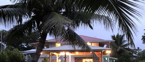 Early evening view of patio and home