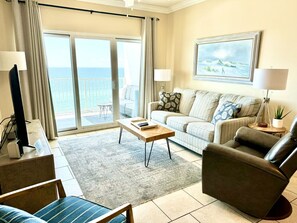 Enjoy the beautiful sights of the beach and ocean with the curtains open