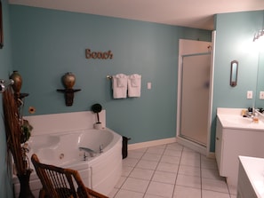 Master bath, Jacuzzi tub, walk in shower, double vanity.