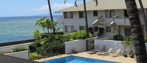 View of the pool and hot tub from unit 215 